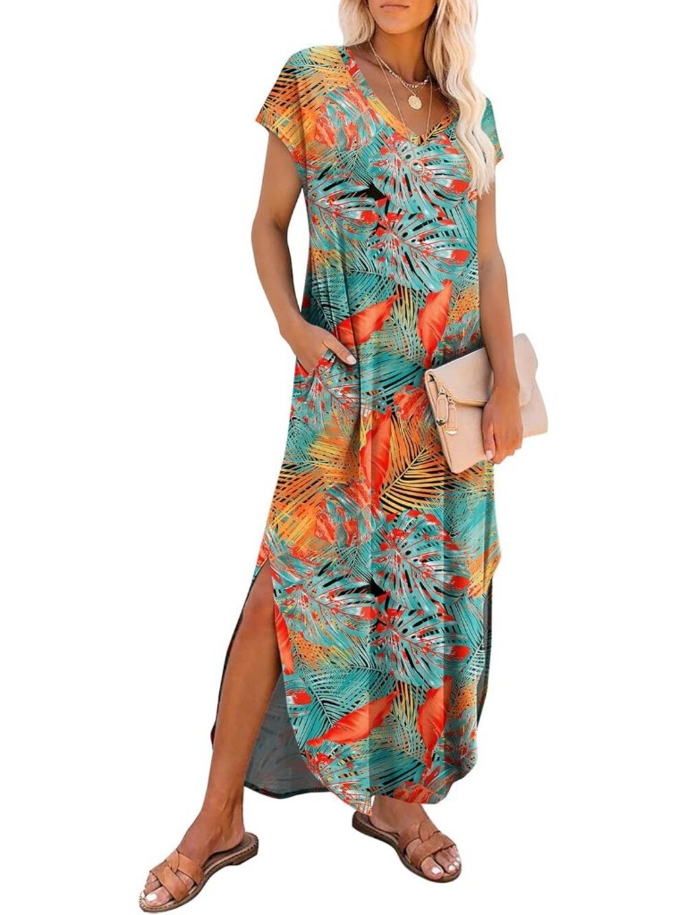 Women's Yeshuhua Maxi Dress Casual Summer V Neck Beach Sundress With Pockets